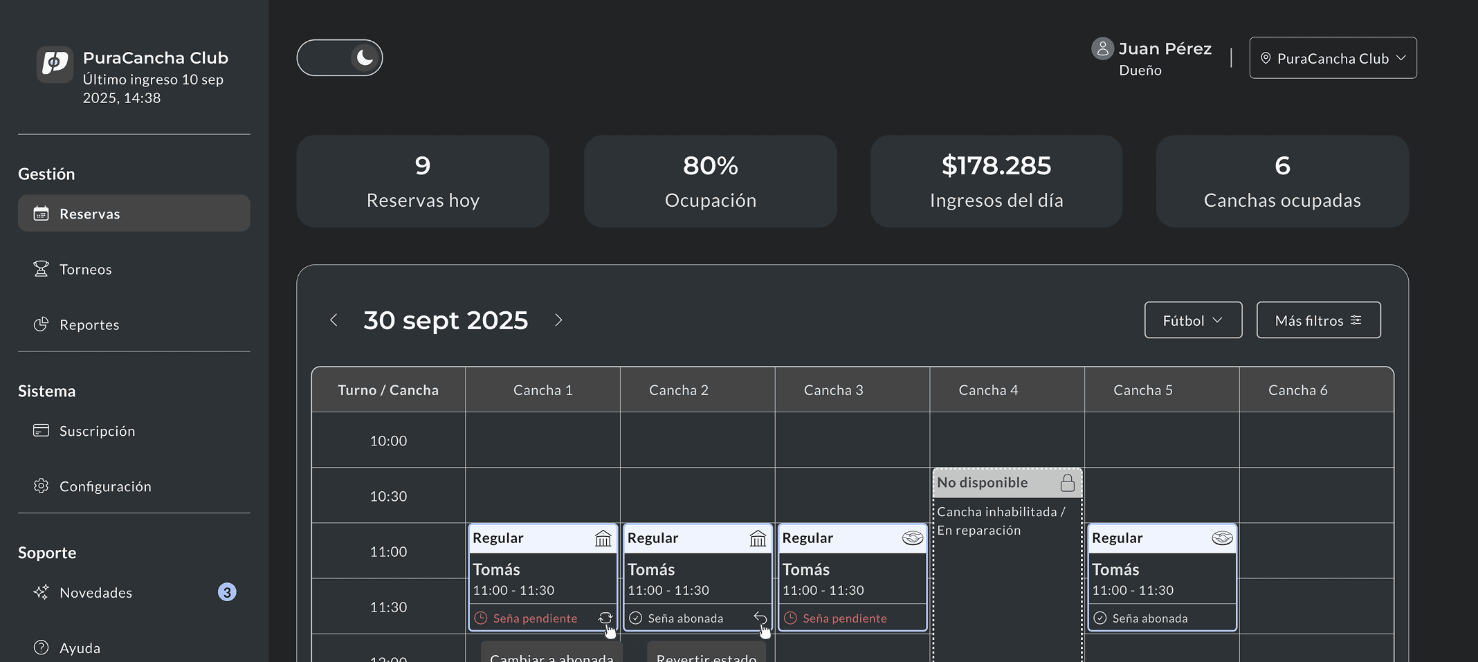 Panel de gestión de Pura Cancha
