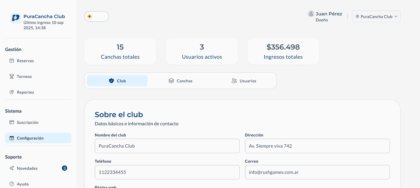 Pantalla de creación de club en Pura Cancha
