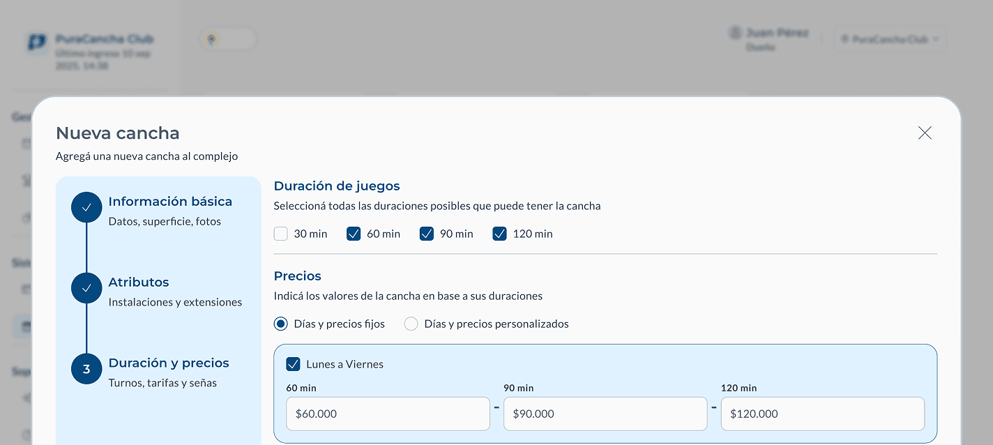 Pantalla de configuración de canchas en Pura Cancha