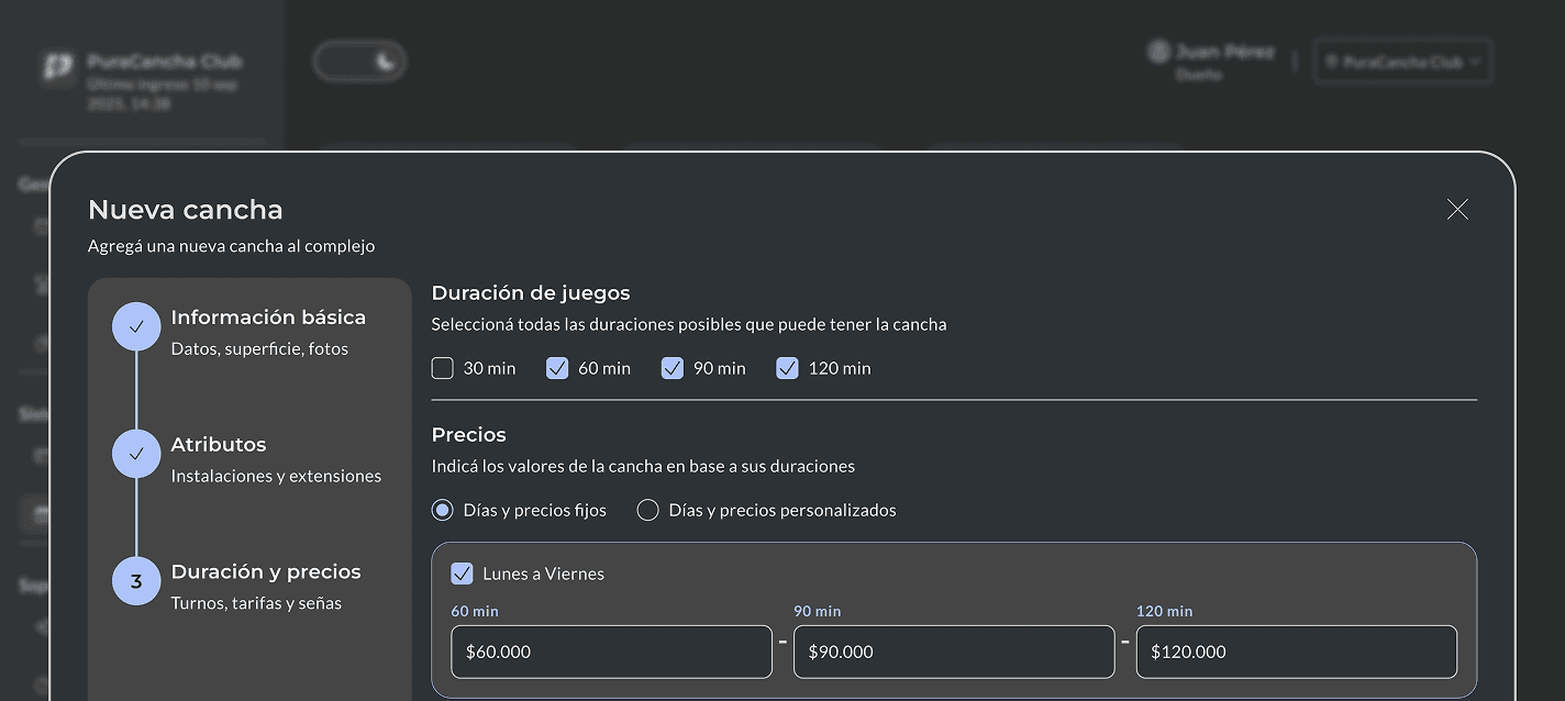 Panel de configuración de canchas de Pura Cancha