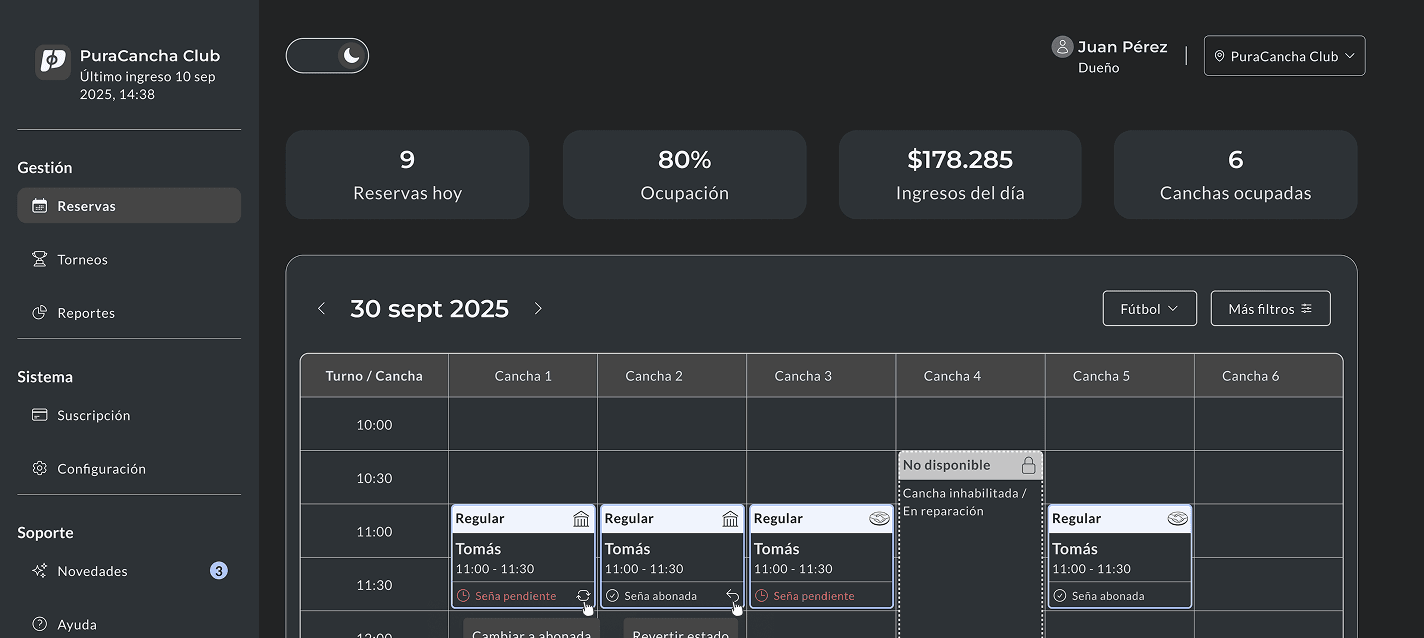 Panel de reservas de Pura Cancha con el calendario por cancha